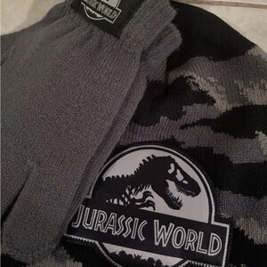 Jurassic World Gray and Black Beanie with Gloves